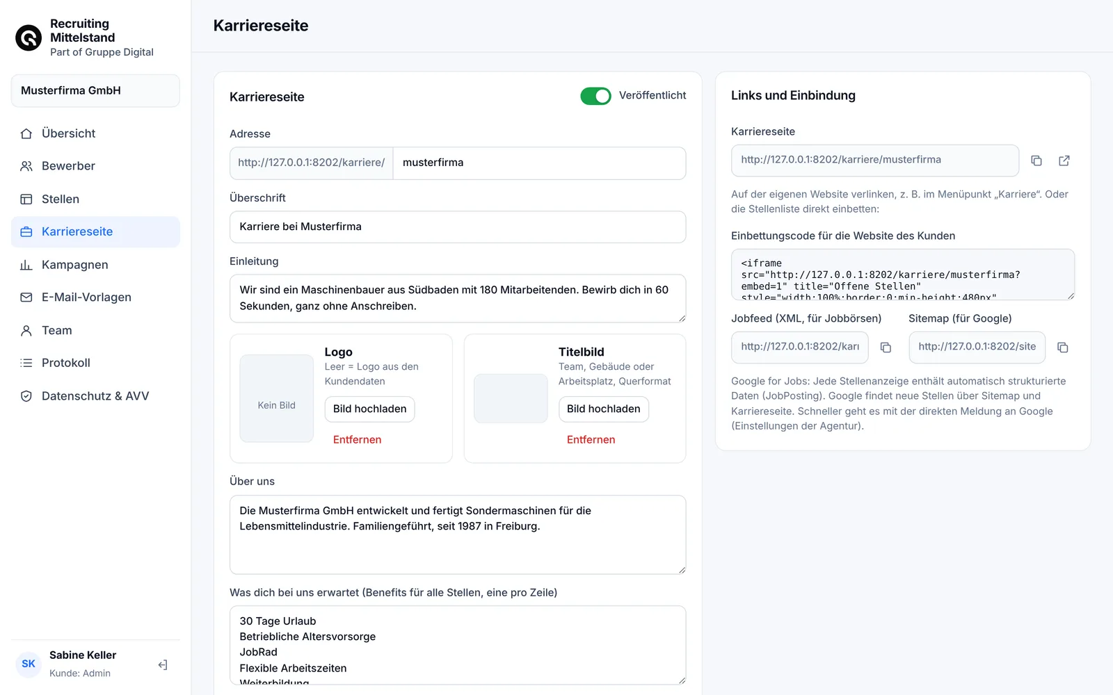 Einstellungen der Karriereseite