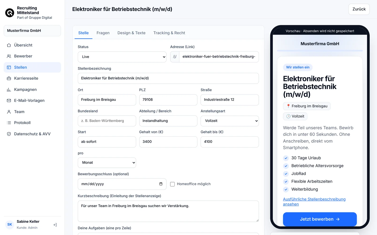 Baukasten für Express-Bewerbungsseiten mit Live-Vorschau